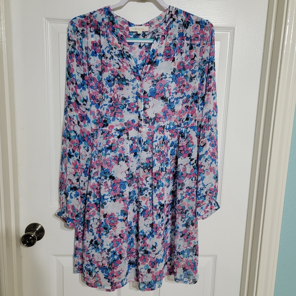 Two by Vince Camuto Blue & Pink Sheer Floral Long Sleeve Dress Women's Size M
